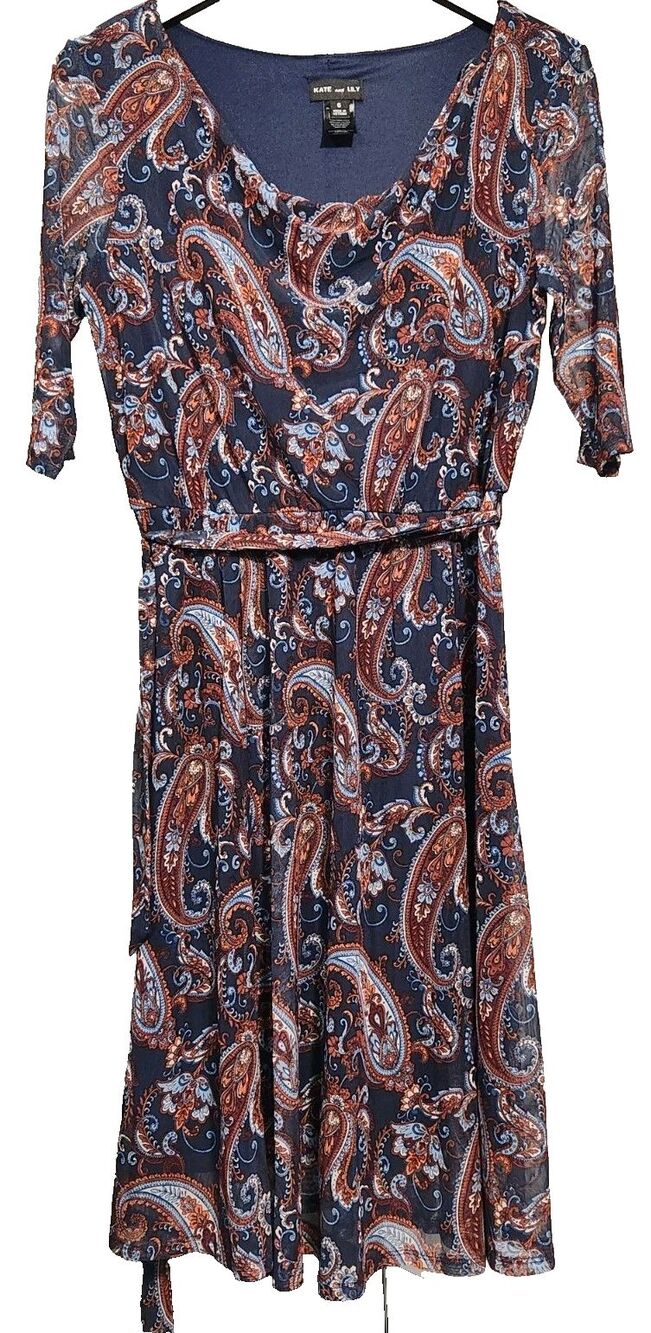 Kate & Lily Paisley Sheer Dress Half Sleeve Belted Lined Office Business